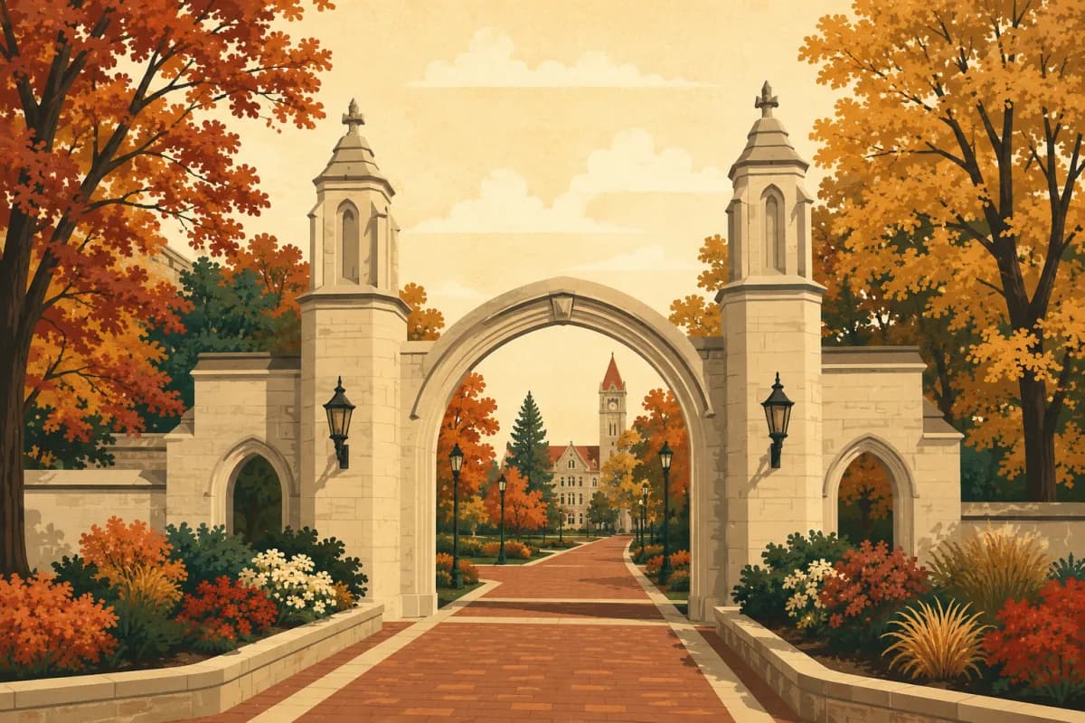 Stylized illustration of the Indiana University Sample Gates in Bloomington