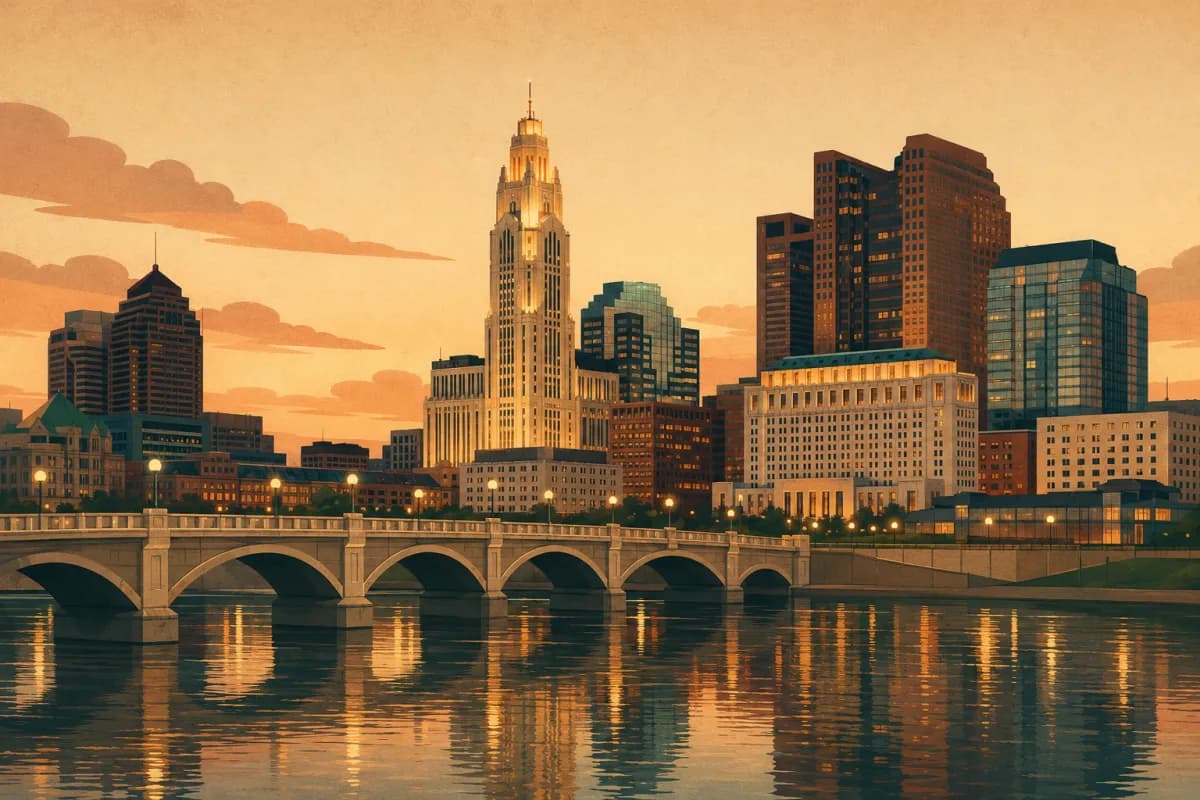 Stylized illustration of the LeVeque Tower and Scioto River in Columbus