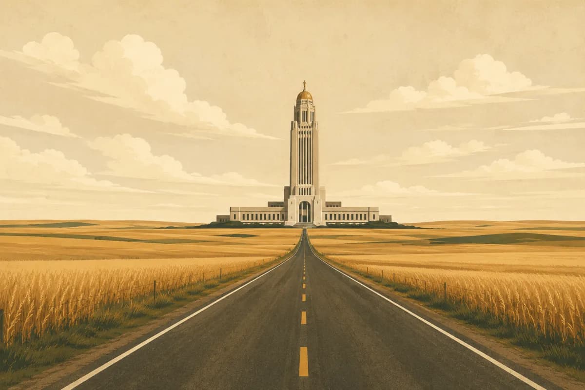 Stylized illustration of the Nebraska State Capitol in Lincoln