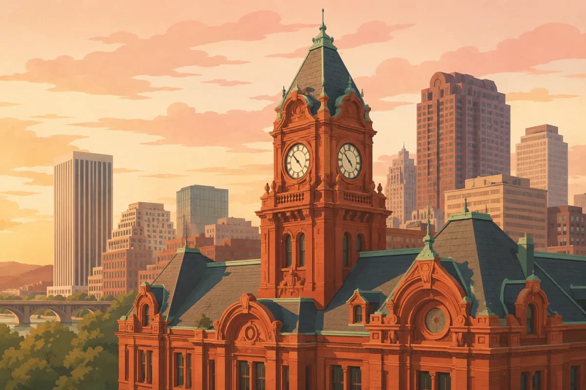 Stylized illustration of the Main Street Station clock tower in Richmond
