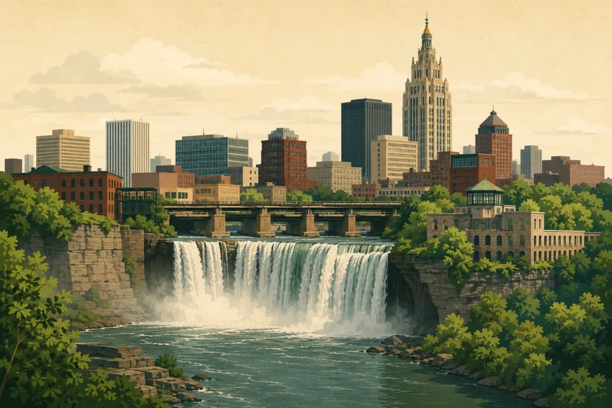 Stylized illustration of the High Falls and Kodak Tower skyline in Rochester
